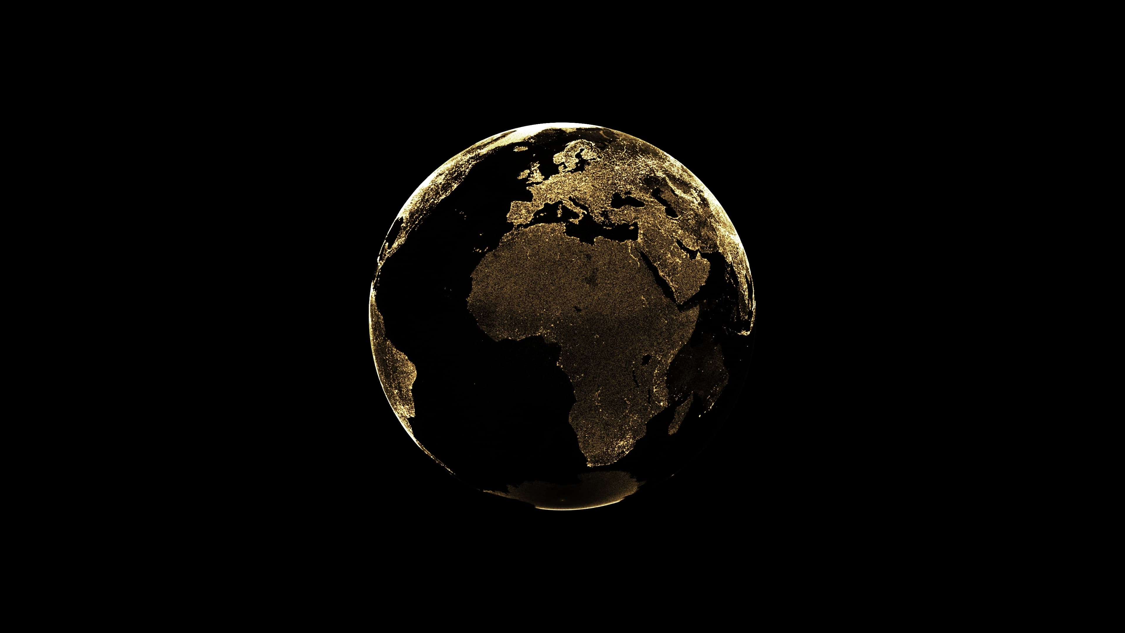 3D illustration of golden globe of the Earth planet from particulars on dark background, wallpaper of Africa view earth globe. Shutterstock/kerenby.