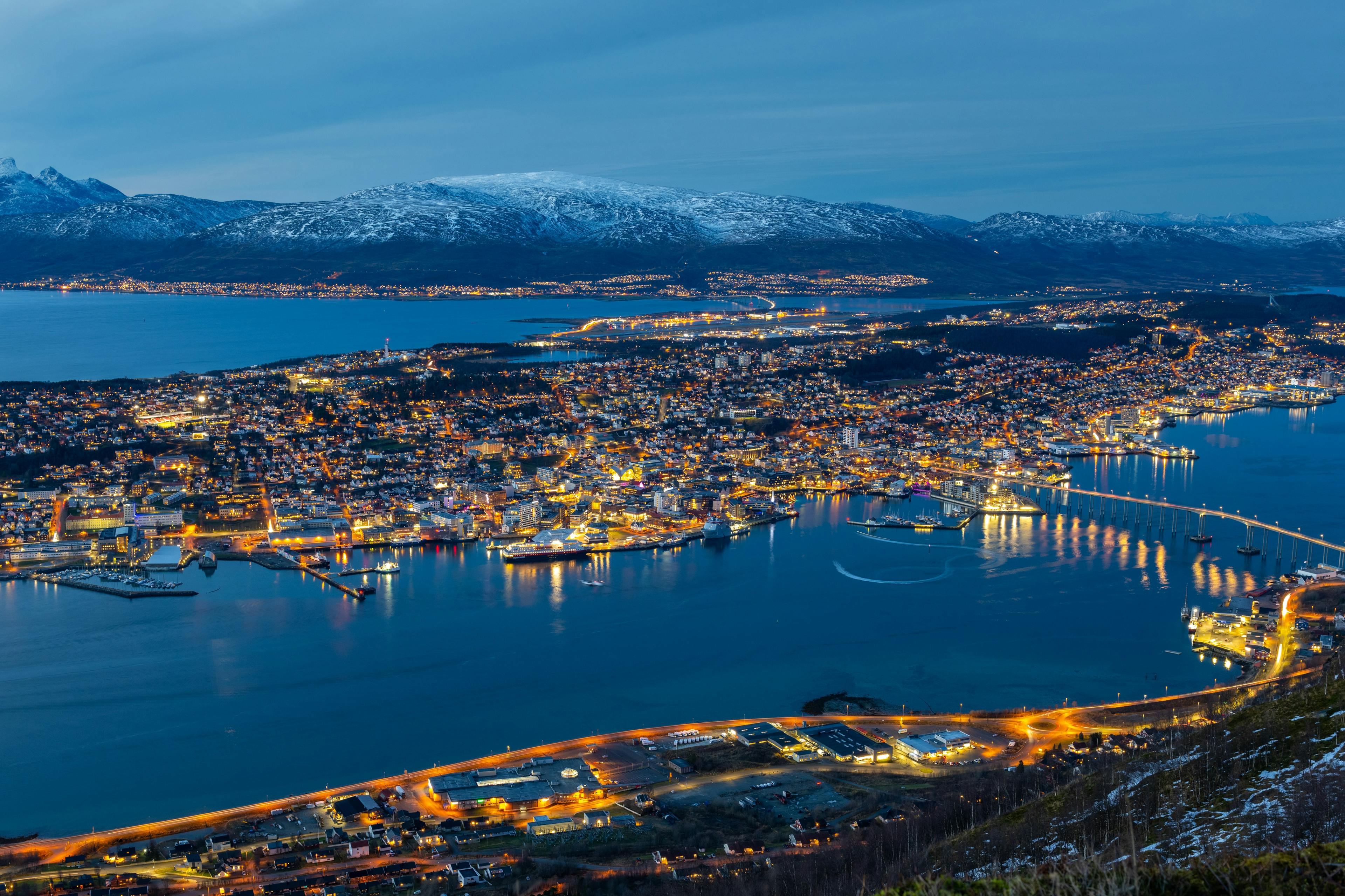 Tromsø, Norway at night from Fløya mountain.